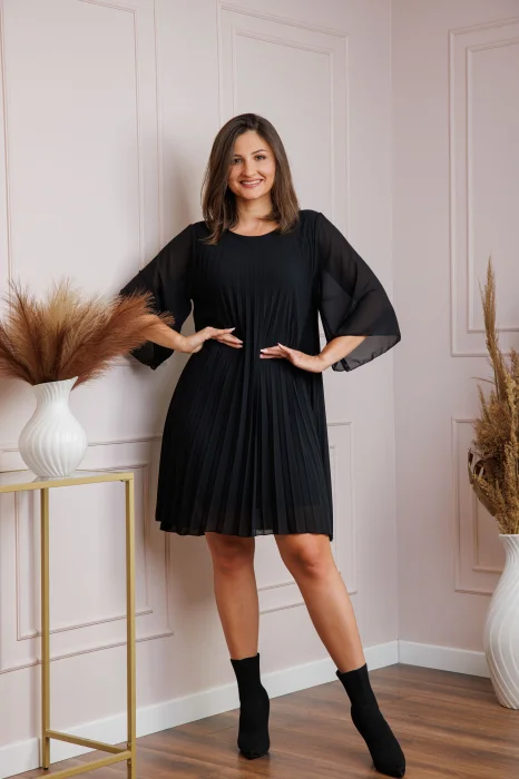 Rochie neagra din voal plisat cu maneci 3 4 Tina