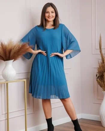 Rochie turcoaz din voal plisat cu maneci 3 4 Tina