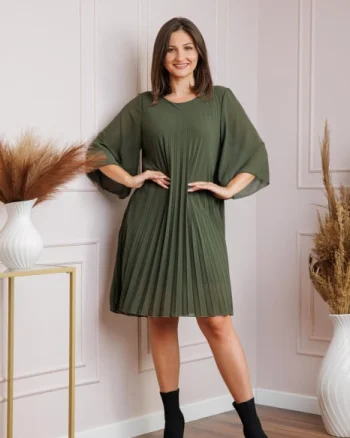 Rochie kaki din voal plisat cu maneci 3 4 Tina
