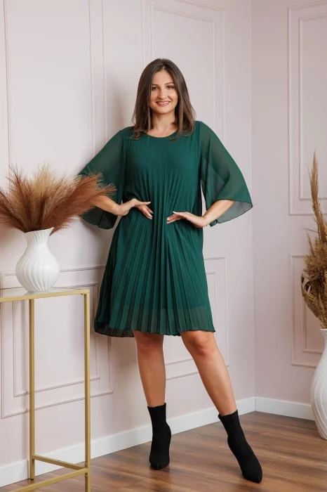 Rochie verde din voal plisat cu maneci 3 4 Tina