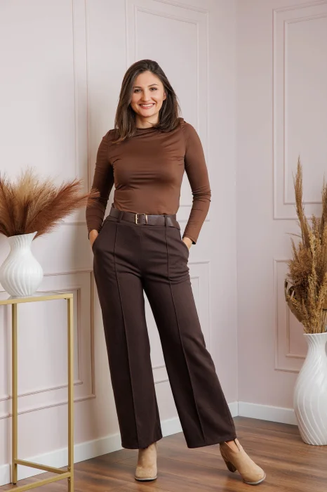 Pantaloni dama maro ciocolatiu cu talie inalta si curea Rita