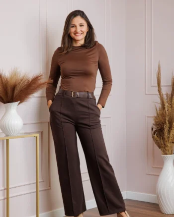 Pantaloni dama maro ciocolatiu cu talie inalta si curea Rita