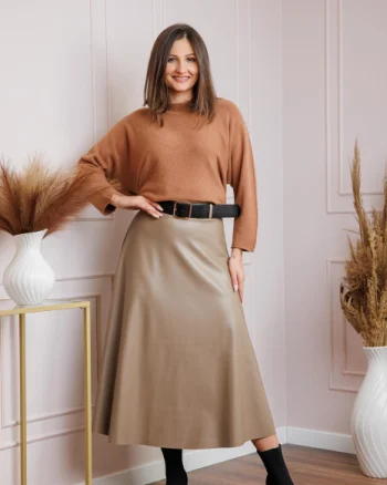 Fusta midi camel din piele ecologica cu curea Maxine