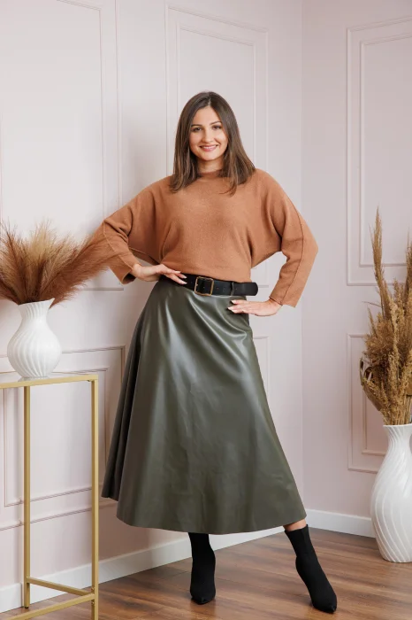 Fusta midi kaki din piele ecologica cu curea Maxine