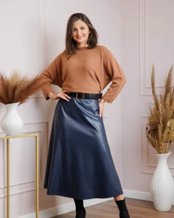 Fusta midi bleumarin din piele ecologica cu curea Maxine