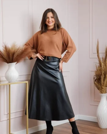 Fusta midi neagra din piele ecologica cu curea Maxine
