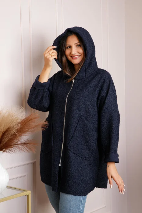 Jacheta dama bleumarin din stofa boucle cu gluga Maggie