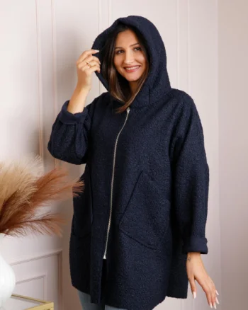 Jacheta dama bleumarin din stofa boucle cu gluga Maggie