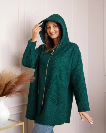 Jacheta dama verde din stofa boucle cu gluga Maggie