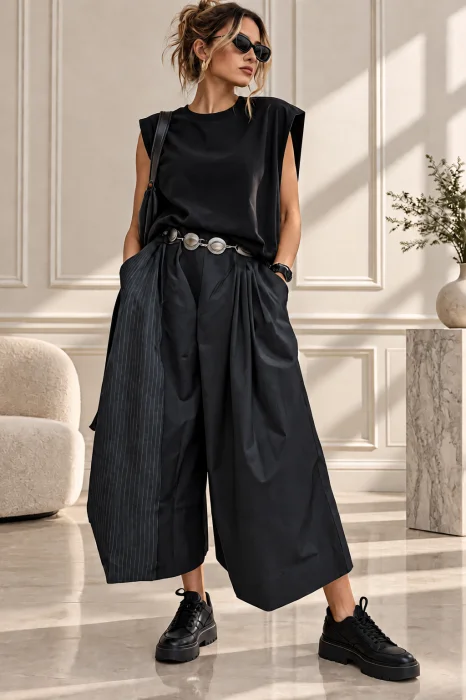 Pantaloni palazzo asimetrici cu panou suprapus in dungi si croi amplu, negri