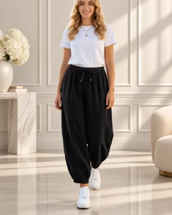 Pantaloni tip balon din catifea raiata cu talie elastica si buzunare, negri