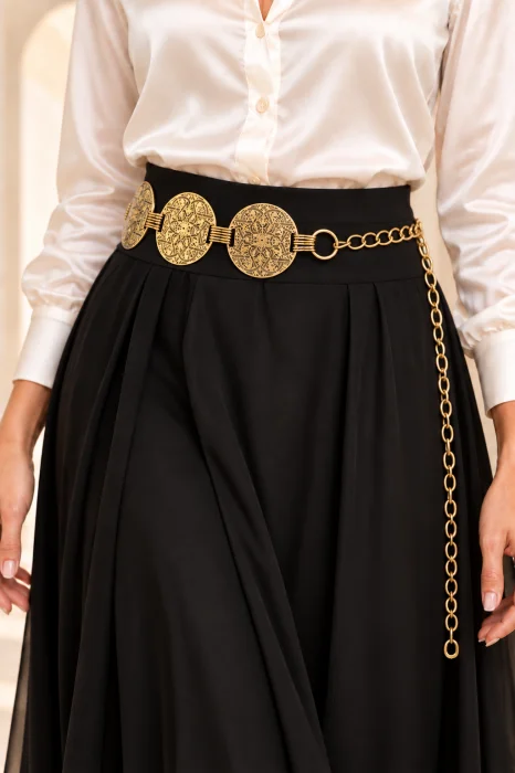 Curea metalica cu medalioane rotunde cu model oriental stilizat, aurie