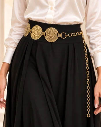 Curea metalica cu medalioane rotunde cu model oriental stilizat, aurie