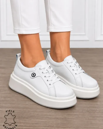 Pantofi damă din piele naturală cu șiret si talpa groasa CRL1858 ALB