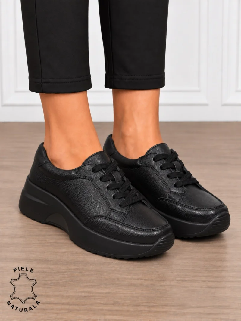 Pantofi damă din piele naturală cu șiret CRL1860 NEGRU