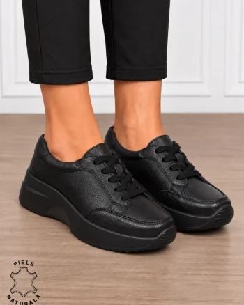 Pantofi damă din piele naturală cu șiret CRL1860 NEGRU