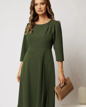 Rochie midi kaki cu pliuri pe fusta si croi evazat