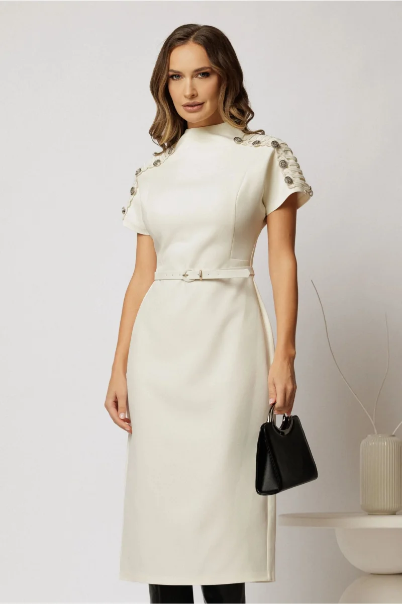 Rochie midi ivoar conica cu nasturi pe umeri