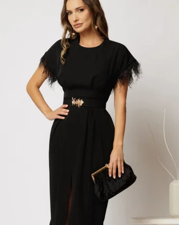 Rochie DY Fashion midi neagra din triplu voal cu pene la maneci