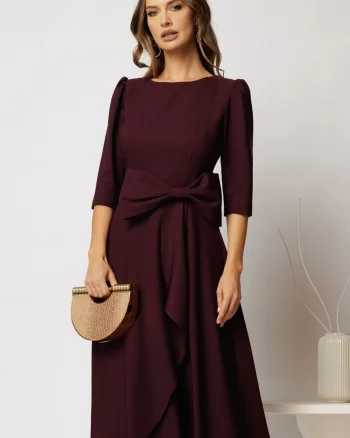 Rochie DY Fashion mov pruna cu funda ampla in talie decolteu rotund maneci trei sferturi
