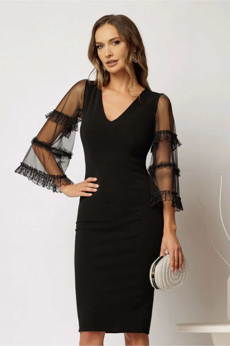 Rochie neagra eleganta cu maneci largi transparente si detalii din dantela