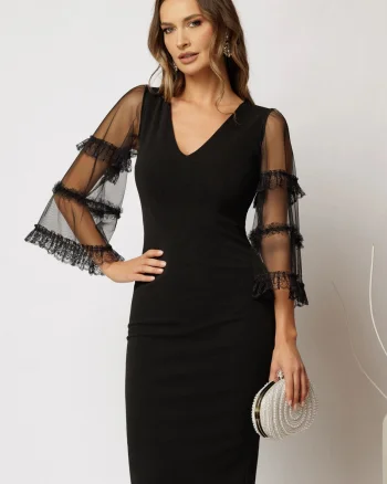 Rochie neagra eleganta cu maneci largi transparente si detalii din dantela