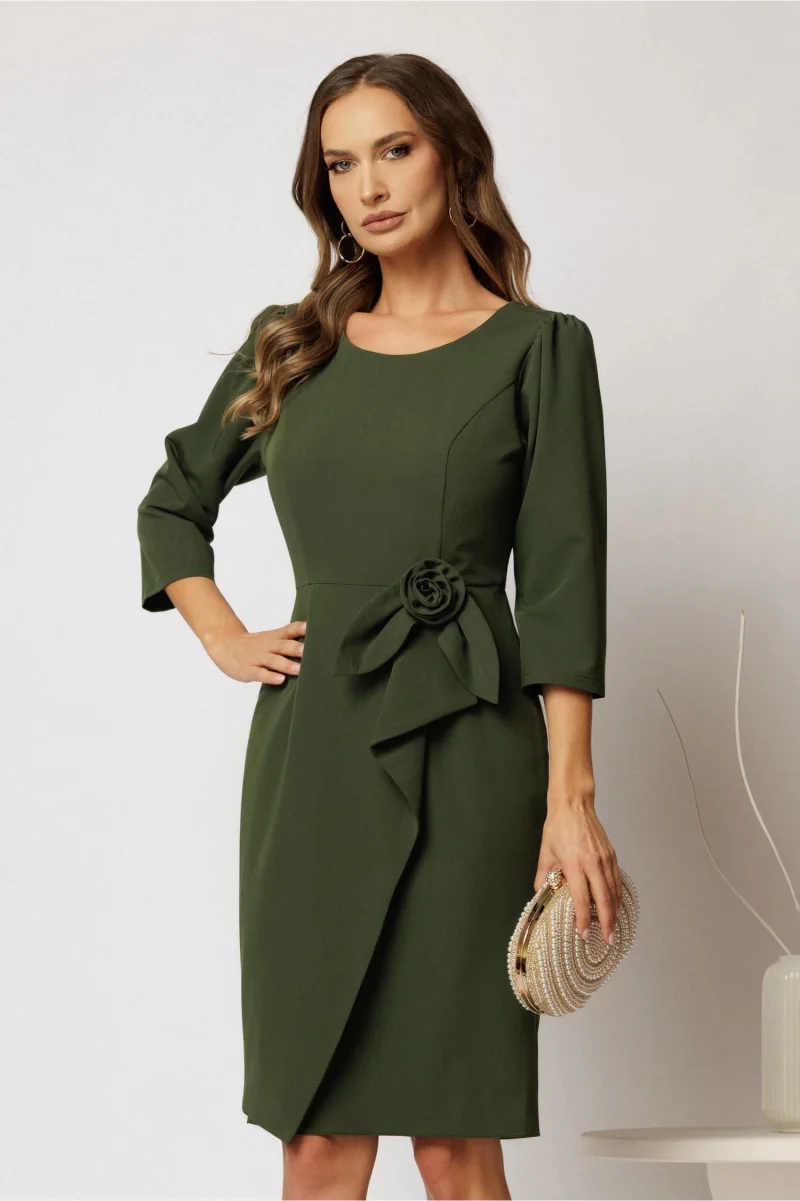 Rochie scurta kaki din stofa cu croi conic si detaliu floral