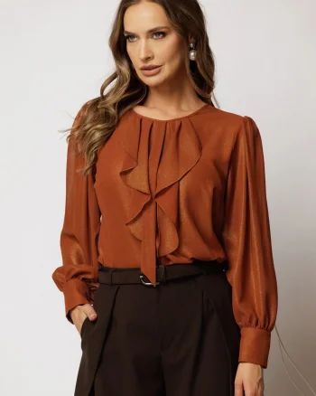 Bluza caramizie din voal cu sclipici si funda cu volanas la decolteu