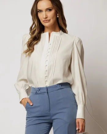 Camasa DY Fashion alba cu maneci bufante si pliuri pe bust