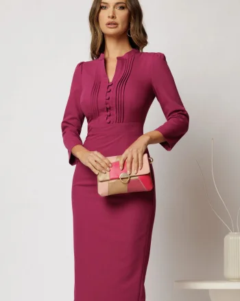 Rochie DY Fashion midi magenta conica cu decolteu in V si nasturi