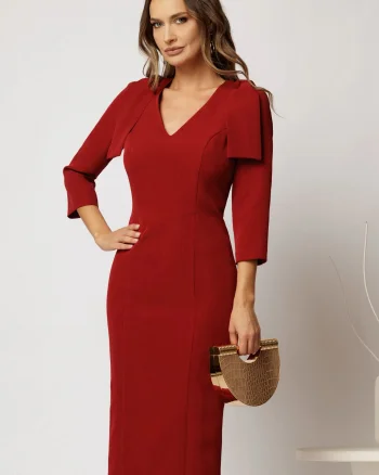 Rochie DY Fashion midi rosie conica cu croi cambrat si funde pe umeri