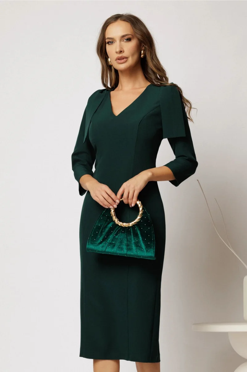 Rochie DY Fashion midi verde conica cu croi cambrat si funde pe umeri
