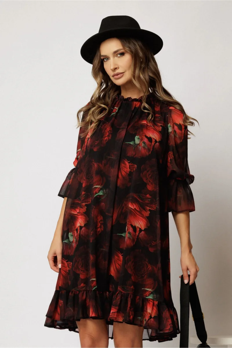 Rochie DY Fashion scurta neagra cu imprimeu bordo din voal creponat