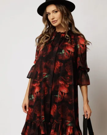 Rochie DY Fashion scurta neagra cu imprimeu bordo din voal creponat