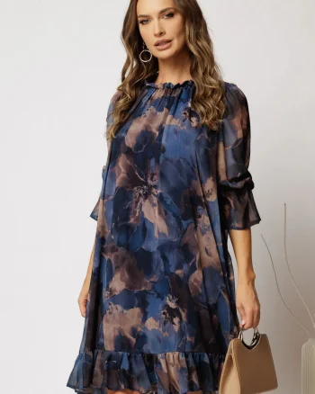 Rochie DY Fashion scurta bleumarin cu imprimeu bej din voal creponat