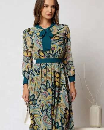 Rochie DY Fashion midi din voal cu imprimeuri turcoaz si cordon in talie
