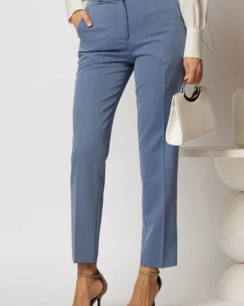 Pantaloni DY Fashion albastri cu croi conic si impletituri la talie