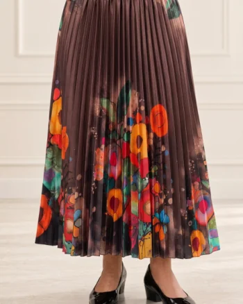 Fusta eleganta , plisata maro, cu imprimeu floral multicolor