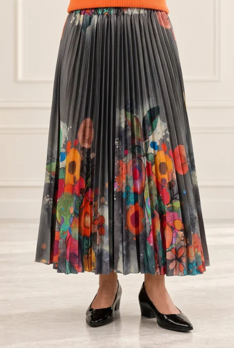 Fusta eleganta , plisata kaki, cu imprimeu floral multicolor