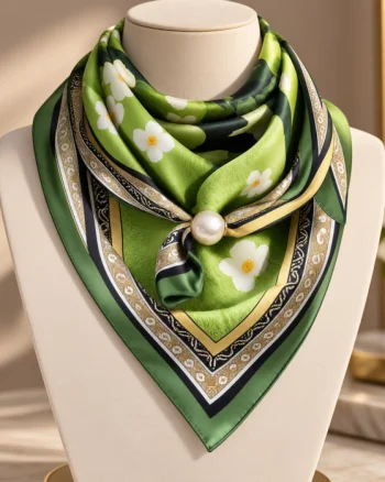 Esarfa satinata patrata cu imprimeu vegetal verde - cu perla decorativa si inchidere magnetica