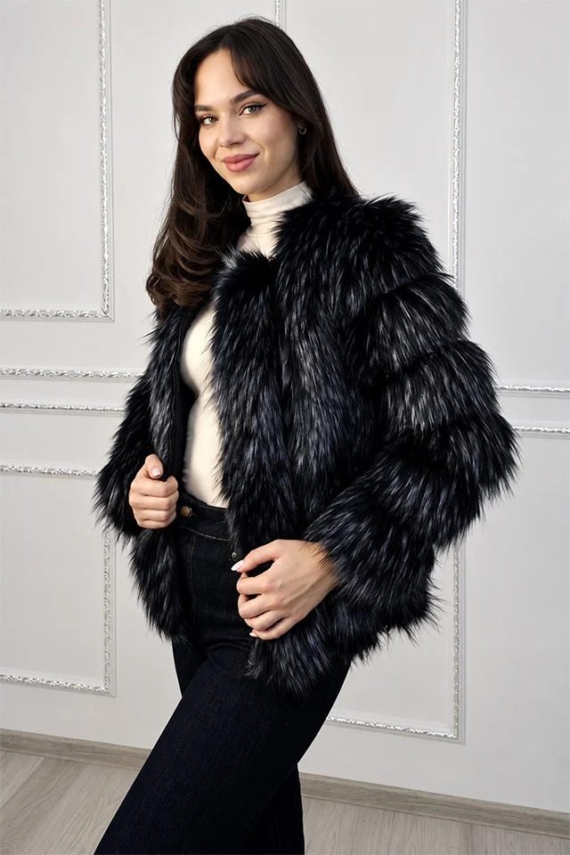 Jacheta dama SORELLA din blana sintetica, cu insertii de piele si inchidere cu fermoar, Bleumarin