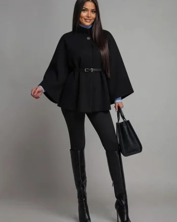 Capa dama din stofa neagra eleganta cu guler inalt si curea Camelya