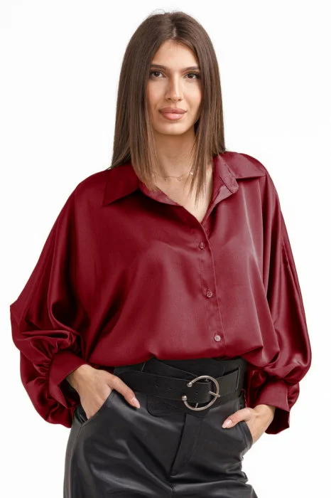 Camasa eleganta din satin, cu maneci bufante, bordo