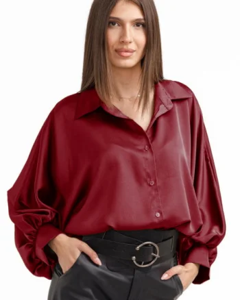 Camasa eleganta din satin, cu maneci bufante, bordo
