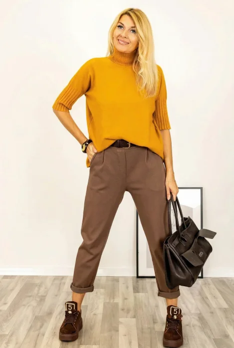 Pulover versatil cu maneci scurte ribbed si guler inalt, din vascoza, galben mustar