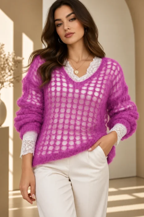 Pulover plasa cu mohair, cu model foarte fin  ,   un pulover accesoriu chic mov deschis
