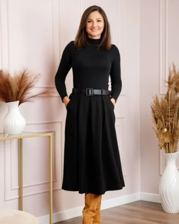 Fusta midi dama neagra cu pliuri si curea Sharon