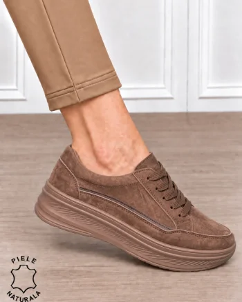Pantofi sport damă din piele naturală intoarsa stil clasic și versatil CRL1867 CAFENIU