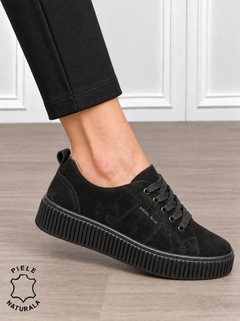 Pantofi sport damă din piele naturală intoarsa stil clasic CRL1868 NEGRU