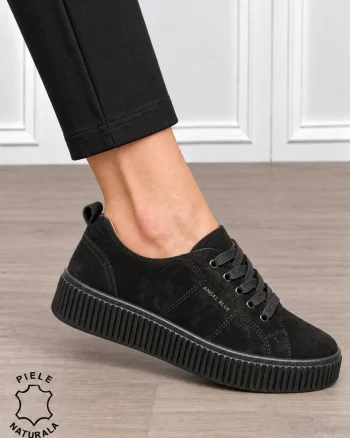 Pantofi sport damă din piele naturală intoarsa stil clasic CRL1868 NEGRU